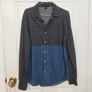 Forever 21 Men Blue Black Chambray Long Sleeve Button Up Colorblock Size S
